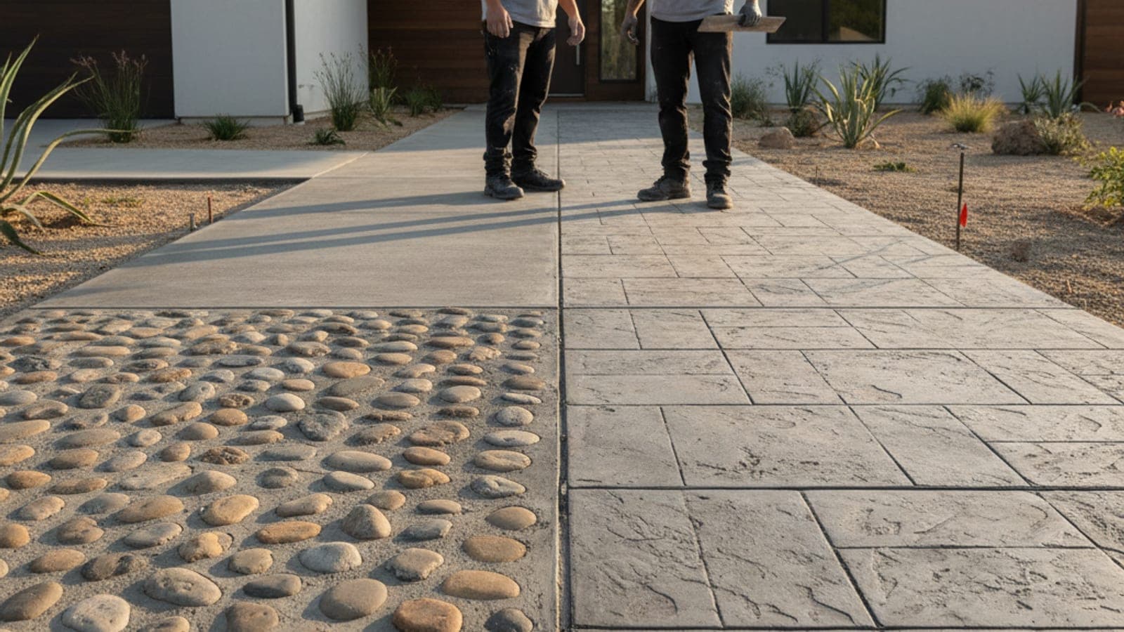 Side-by-side comparison of exposed aggregate and stamped concrete finishes in San Diego