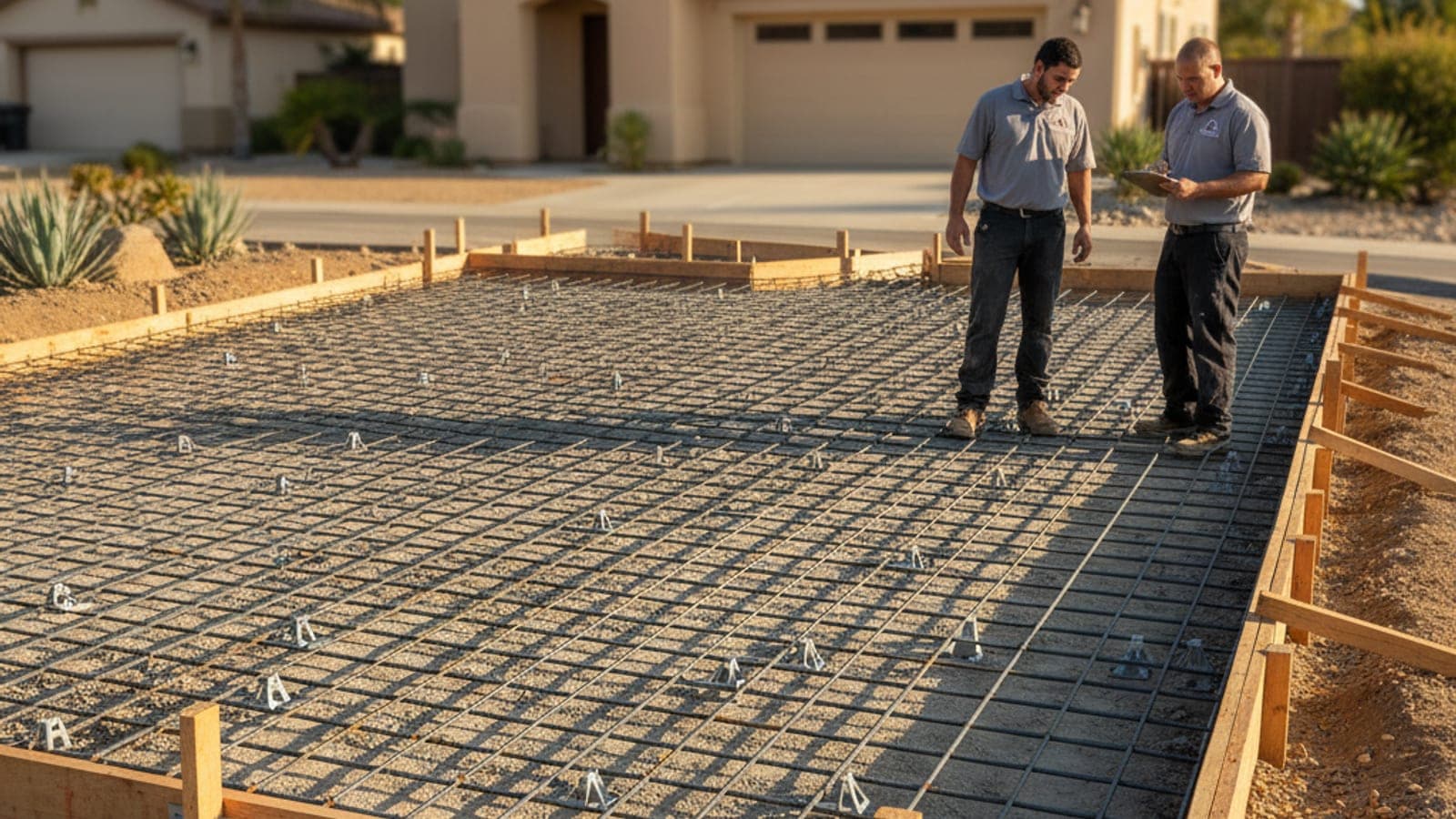 Rebar grid tied with chairs inside a formed driveway ready for concrete pour in San Diego
