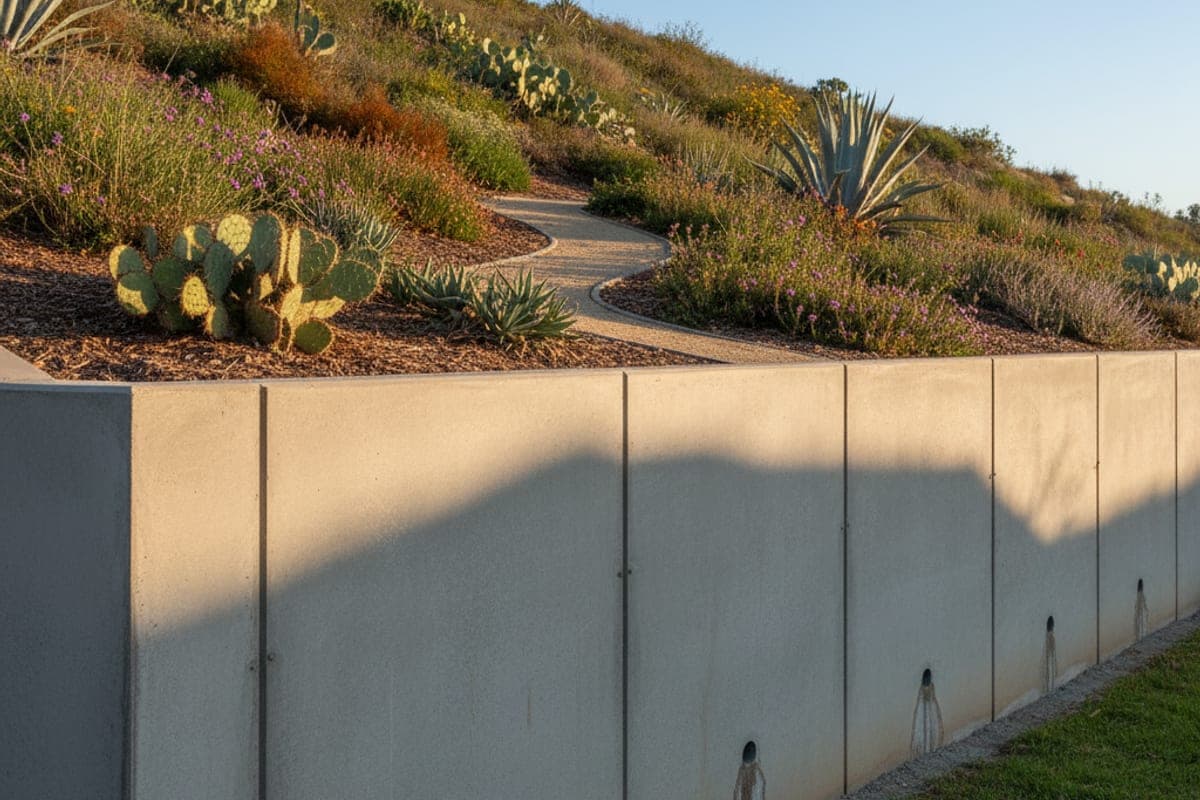Concrete retaining wall with weep holes on a San Diego hillside lot