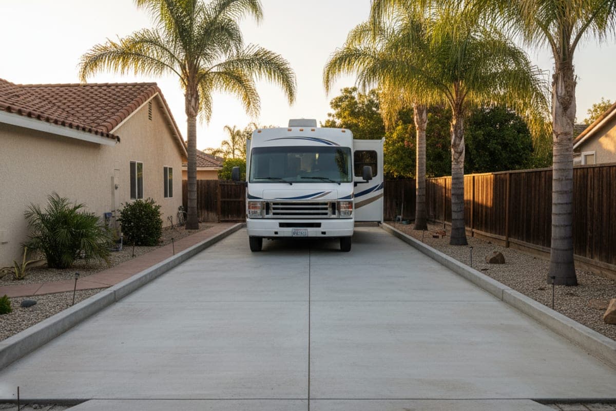 Heavy-duty concrete RV parking pad at a San Diego County home